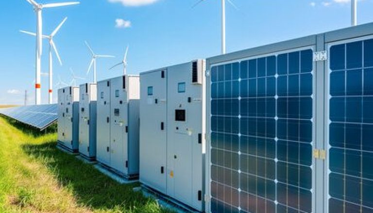 Energie opslag systemen op de voorgrond en op de achtergrond meerdere windmolens.