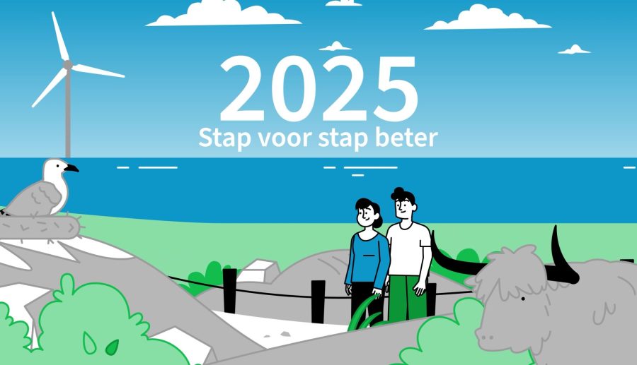 Een geanimeerde afbeelding met de tekst: 2025 stap voor stap beter. Er lopen twee personen door de duinen met de zee op de achtergrond.